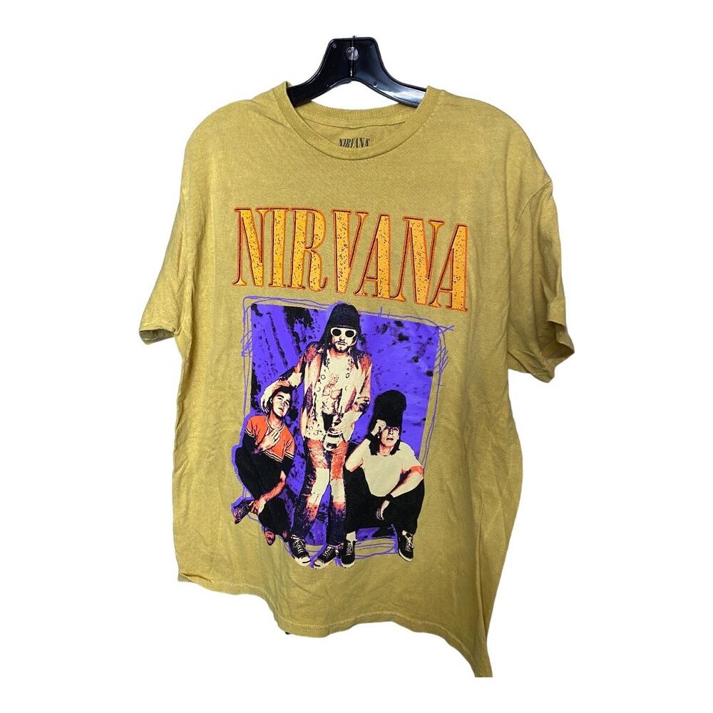 Nirvana Band Tee LARGE Unisex Yellow Crewneck Tshirt Cotton Graphic Short Sleeve